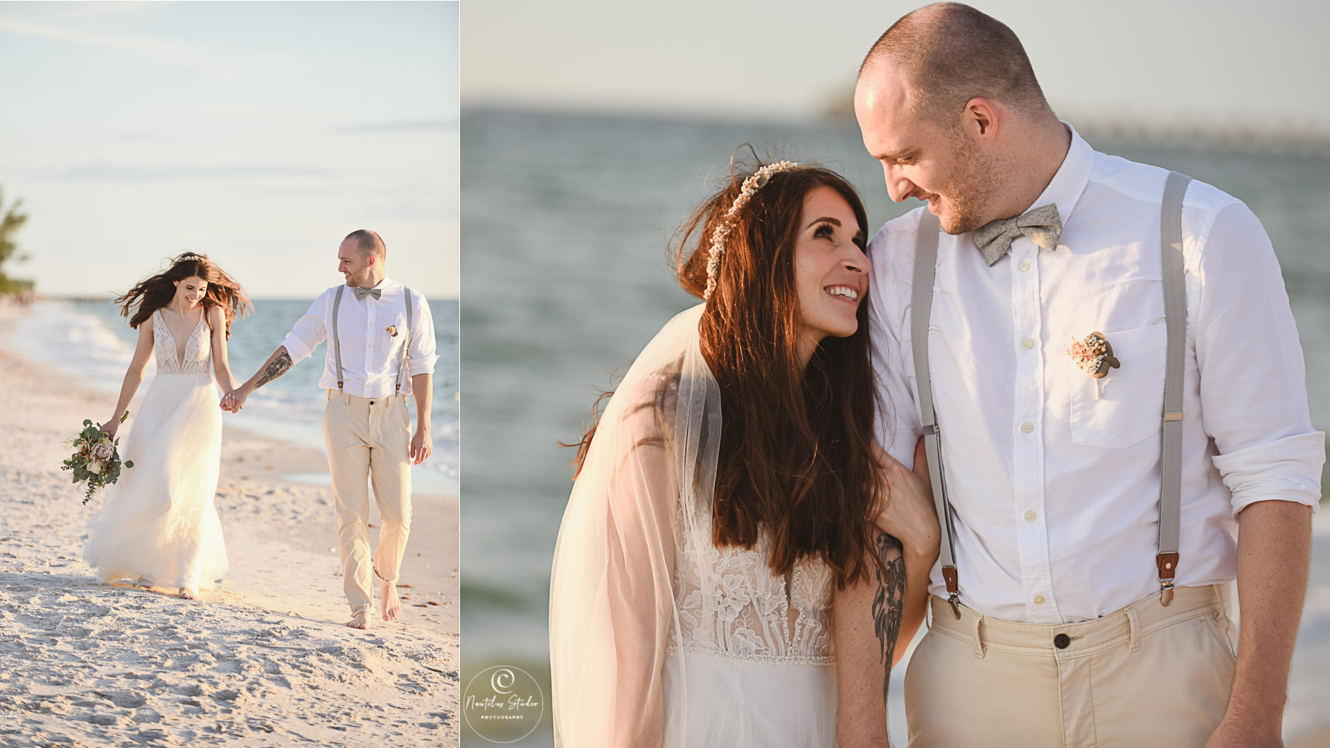 Boda de fuga en Naples, Florida, la pareja nupcial paseos por la playa