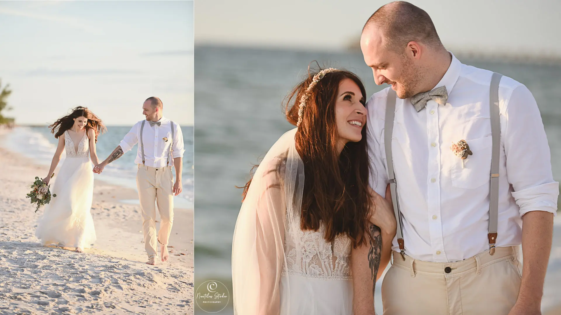 Boda de fuga en Naples, Florida, la pareja nupcial paseos por la playa