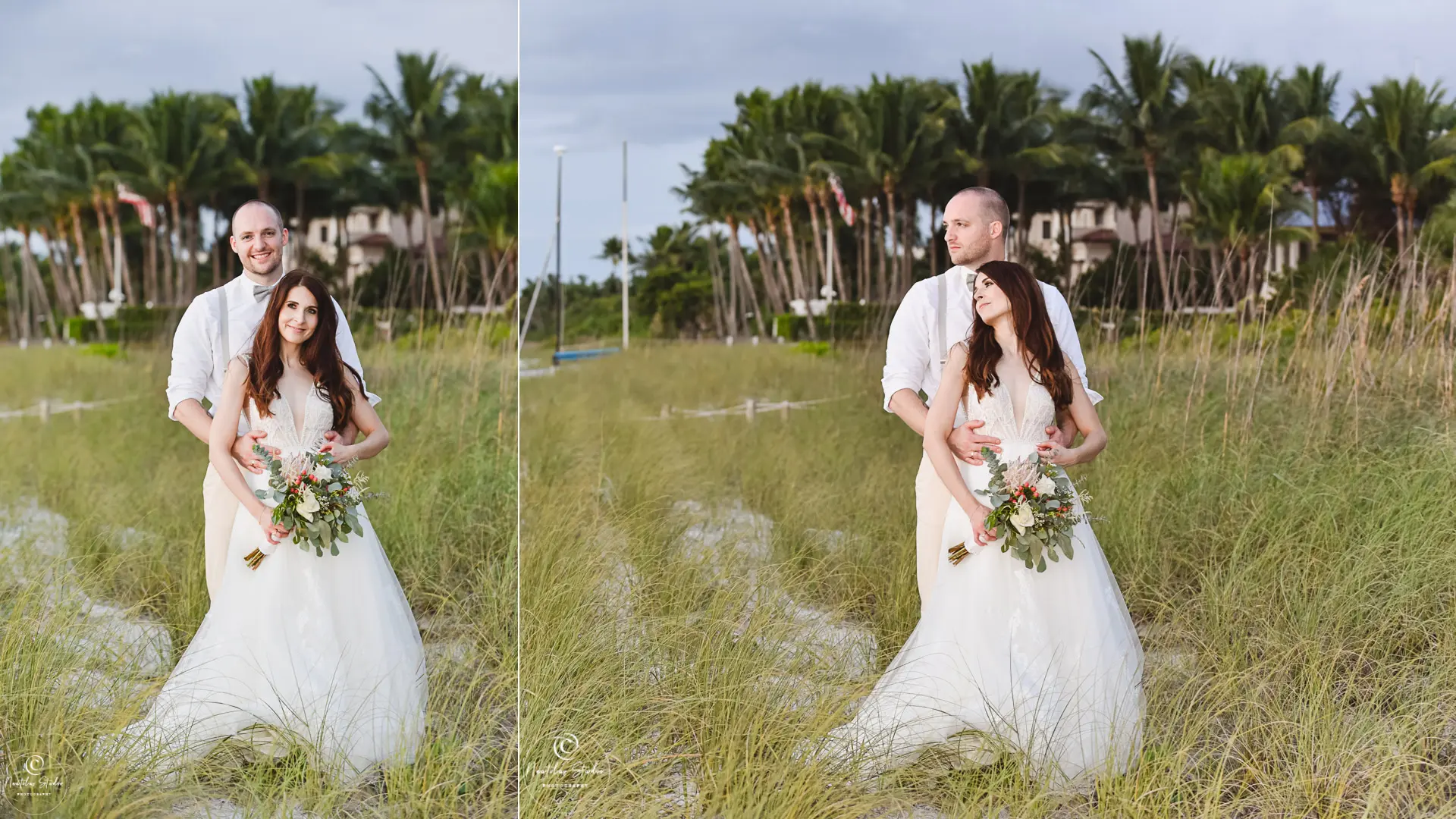 Novios en el césped en la playa de Nápoles