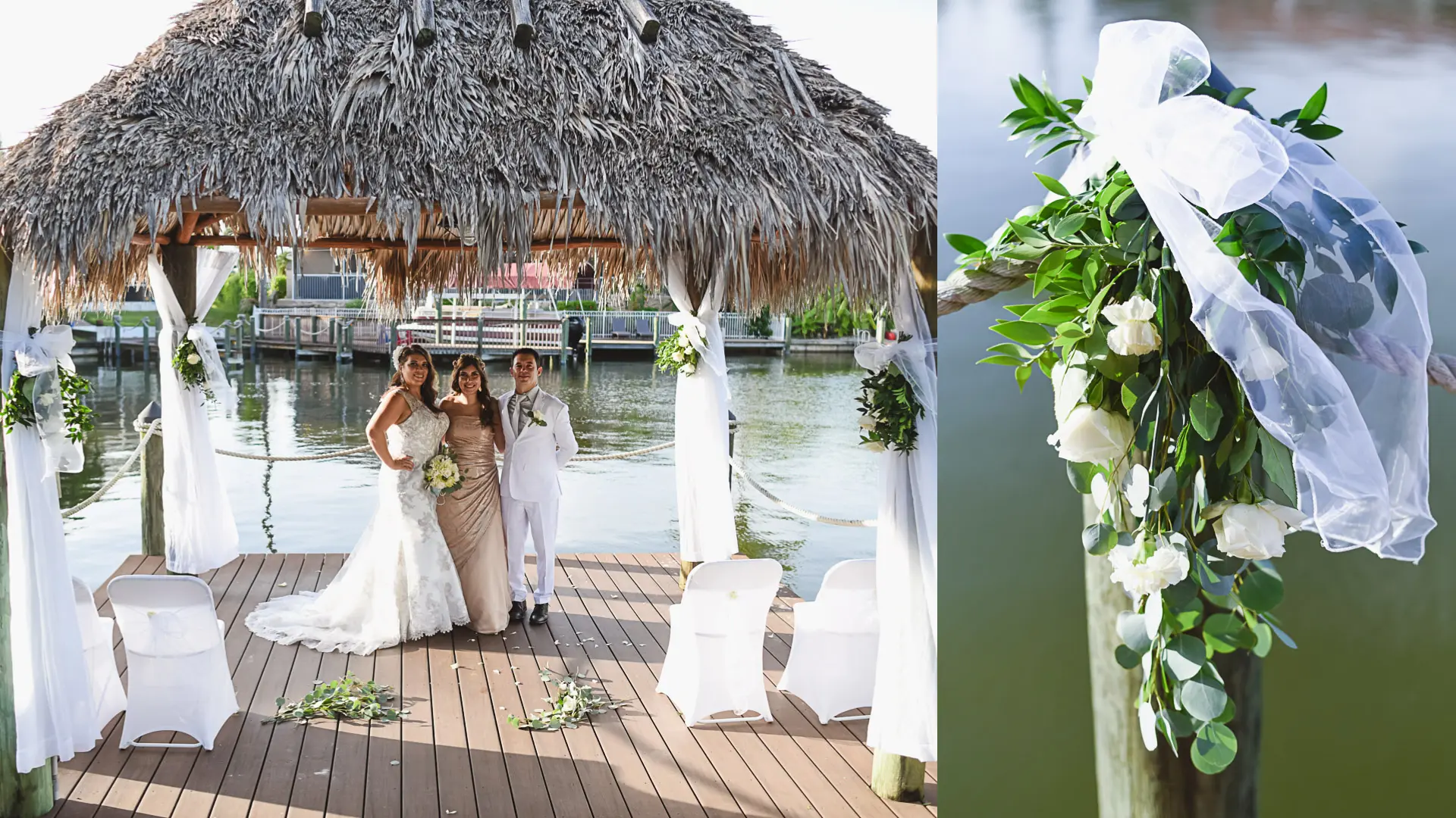 Boda durante COVID 19 en Florida muestra decoración de embarcadero con flores frescas