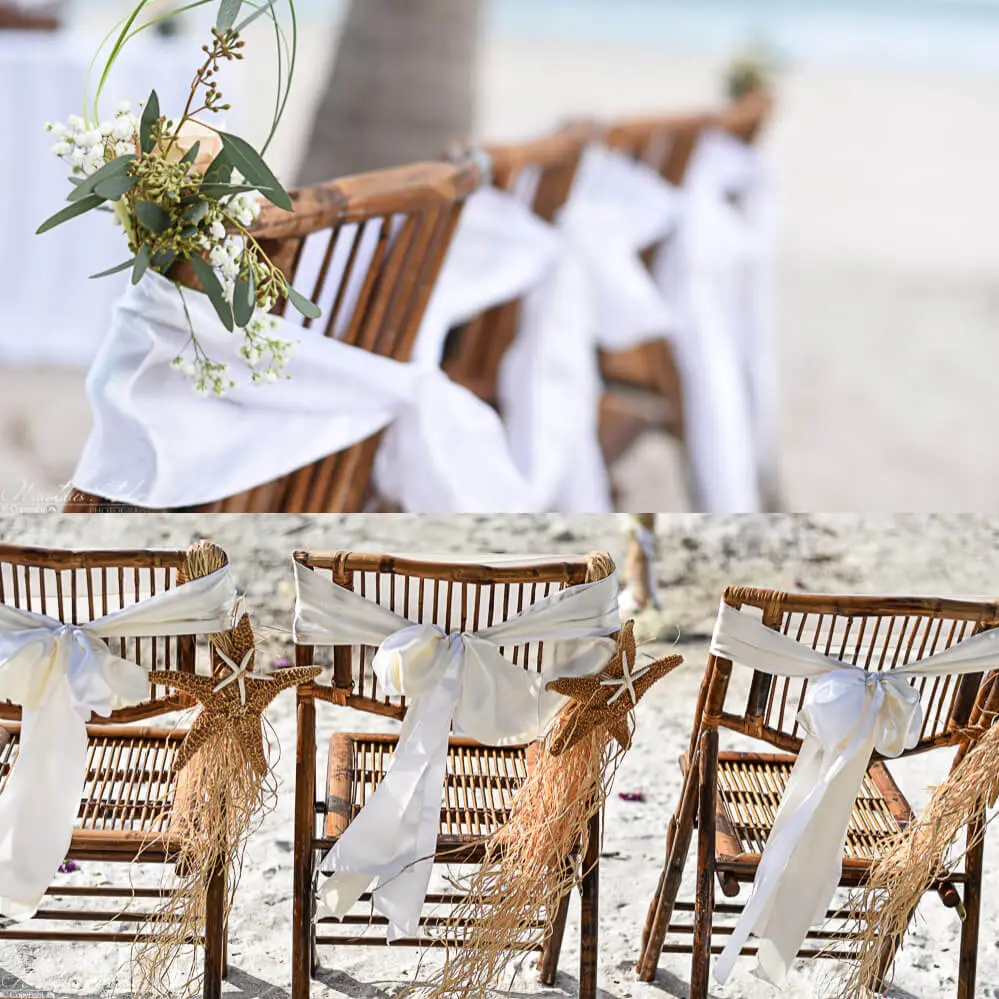 Boda en la playa en estilo boho, cuadro de sillas de bambú con decoración
