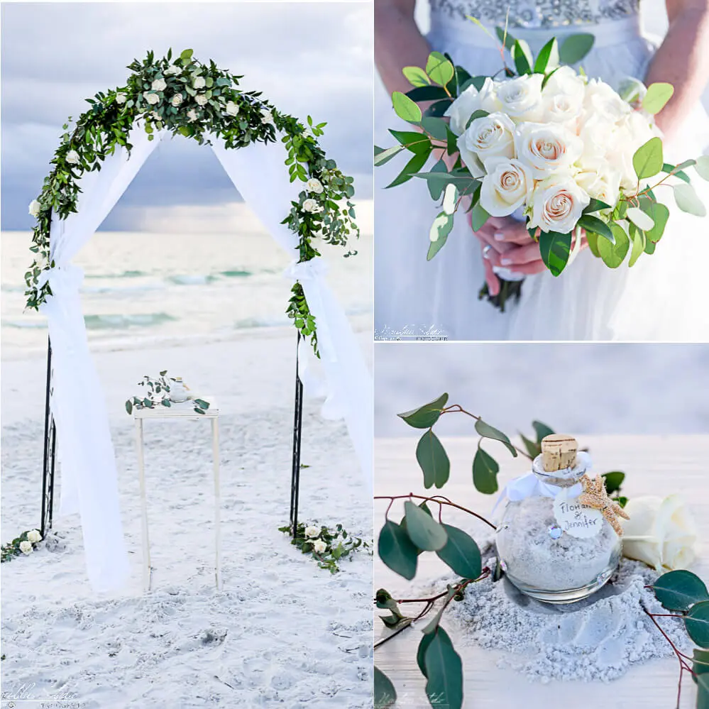 Boda romántica en la playa, foto del arco de boda redondo y decoración en blanco