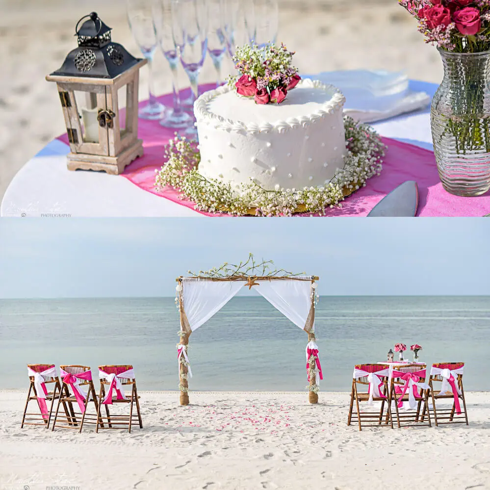Boda bohemia en la playa en Forida, imagen de arco de boda y pastel