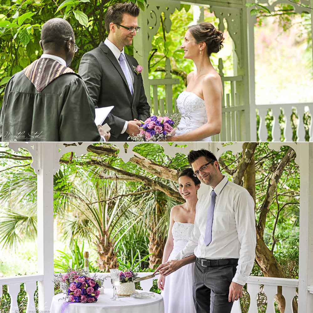 Heiraten in Miami in tollen Gärten, Foto vom Brautpaar bei ihrer Gartenhochzeit