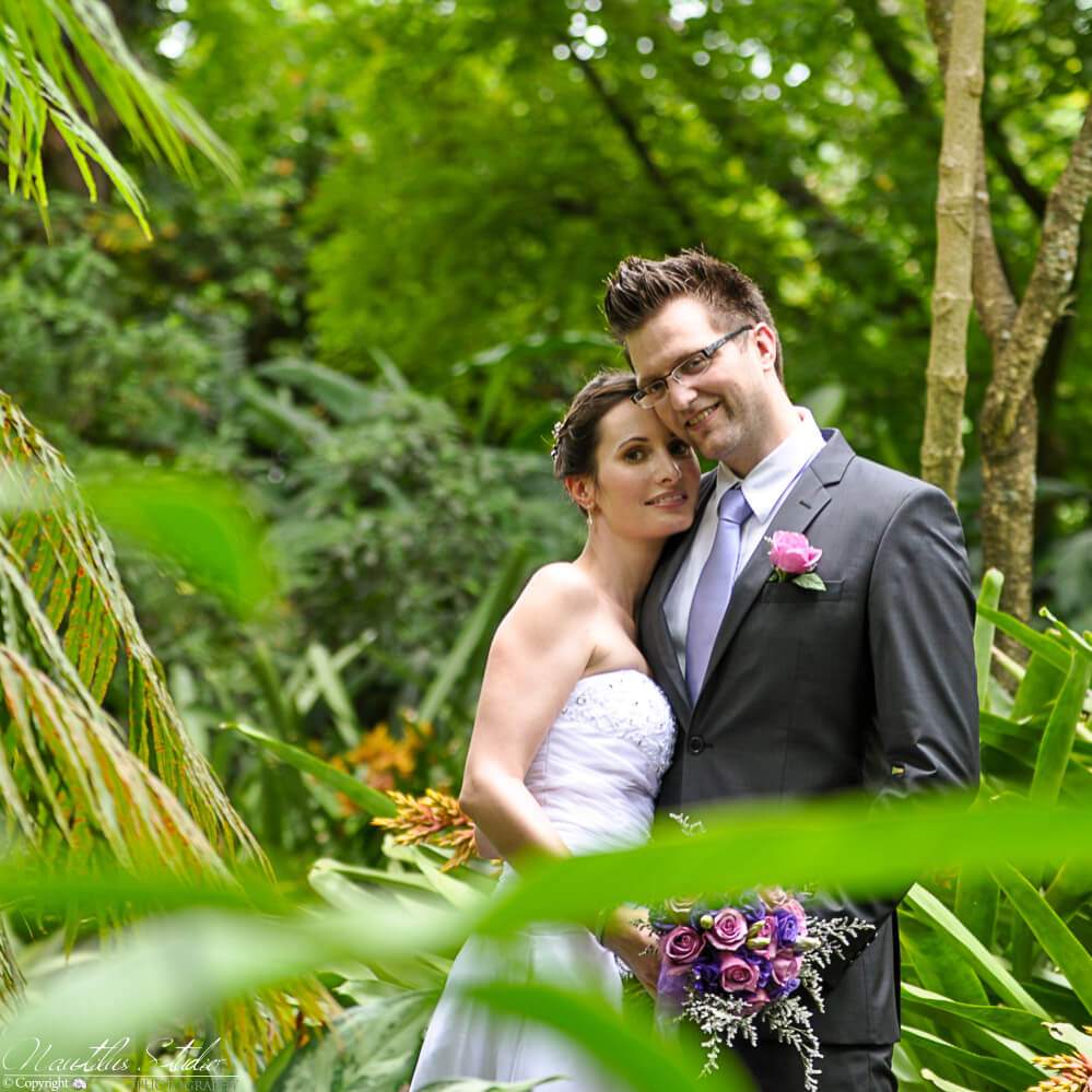 Heiraten in Miami, Bild von Hochzeitspaar in tropischem Garten