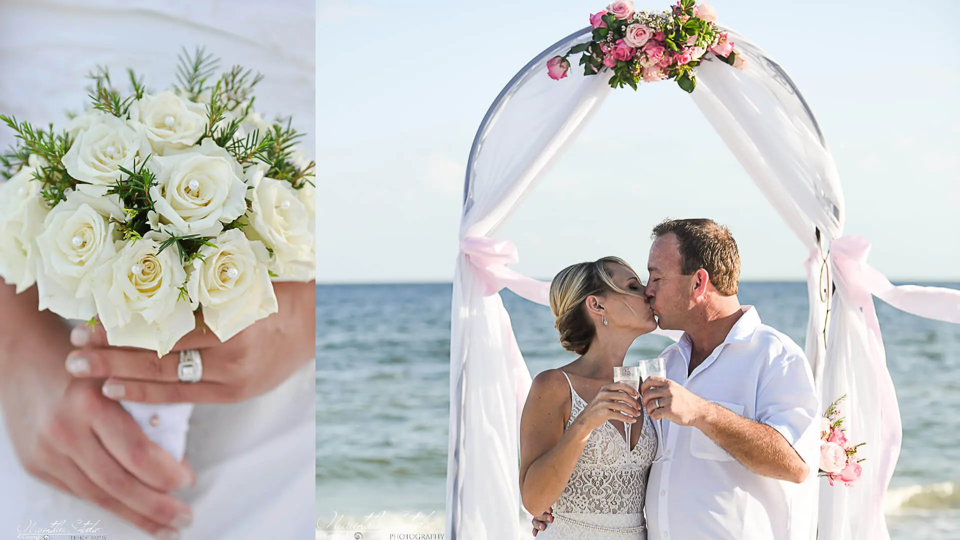 Strandhochzeit für Zwei Florida, Bild vom Brautpaar unterm Hochzeitsbogen