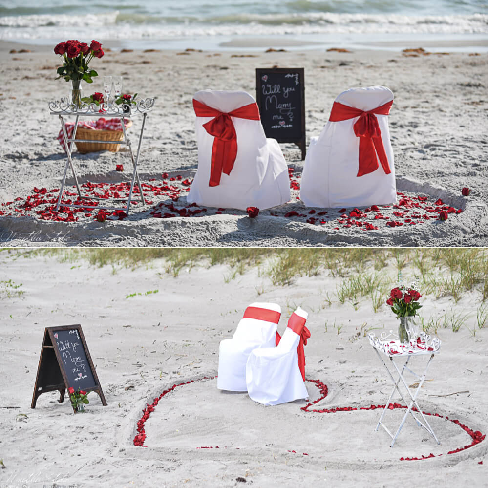 Heiratsantrag in Florida Foto von der Dekoration einer Strandverlobung mit Herz im Sand