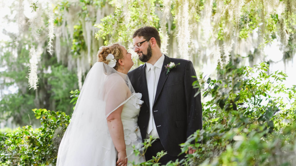 Boda en Orlando, foto de los recién casados ​​bajo los árboles