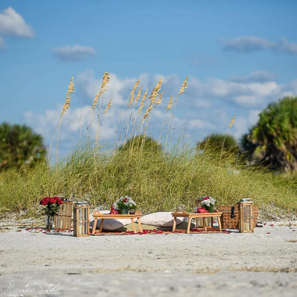 Foto zeigt ein Strandpicknick für einen Heiratsantrag in Florida