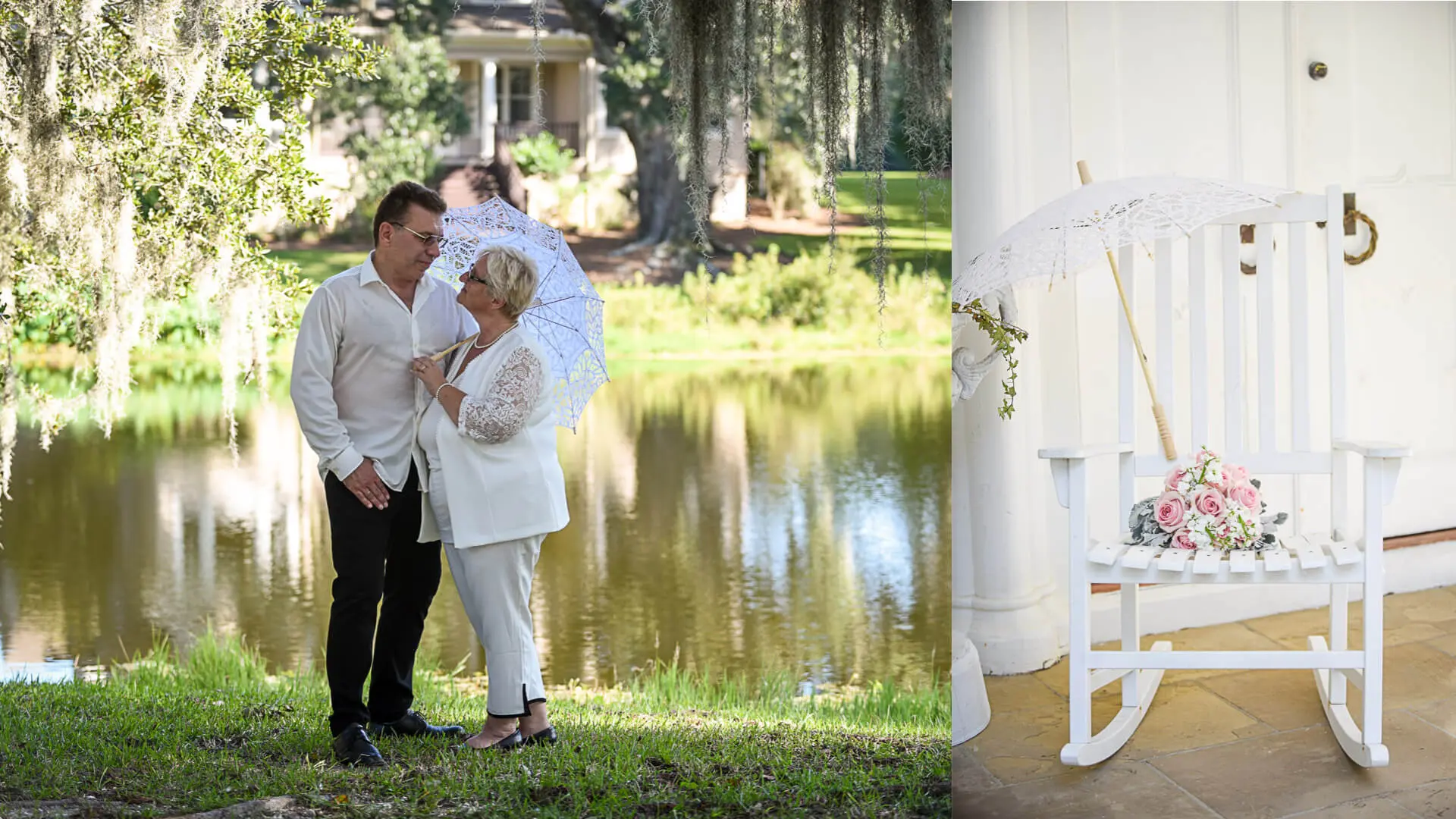 Renovación del matrimonio matrimonial al estilo sureño, foto de la pareja en el lago