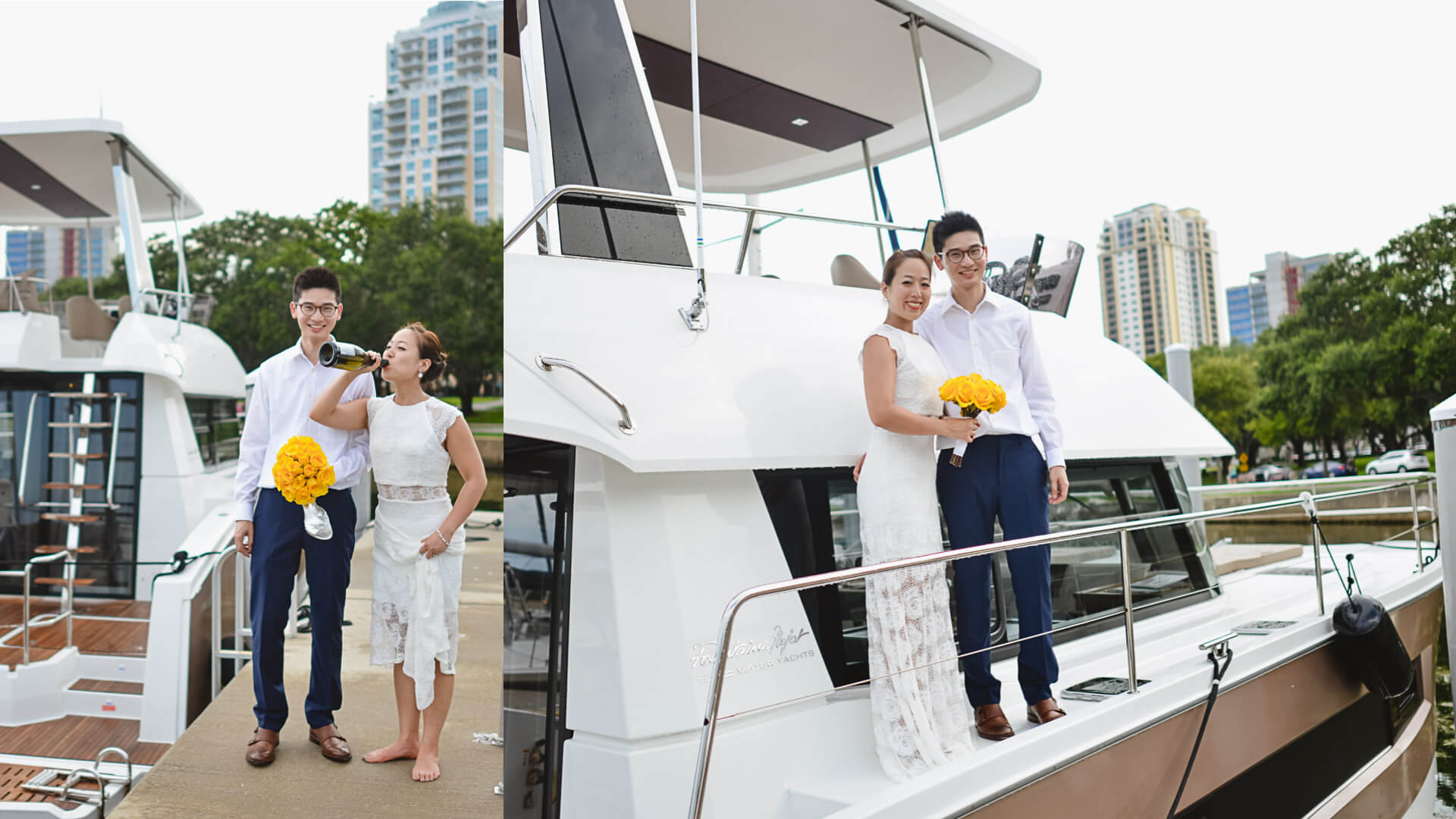 Yachthochzeit in Florida, Braut und Bräutigam auf ihrer Yacht